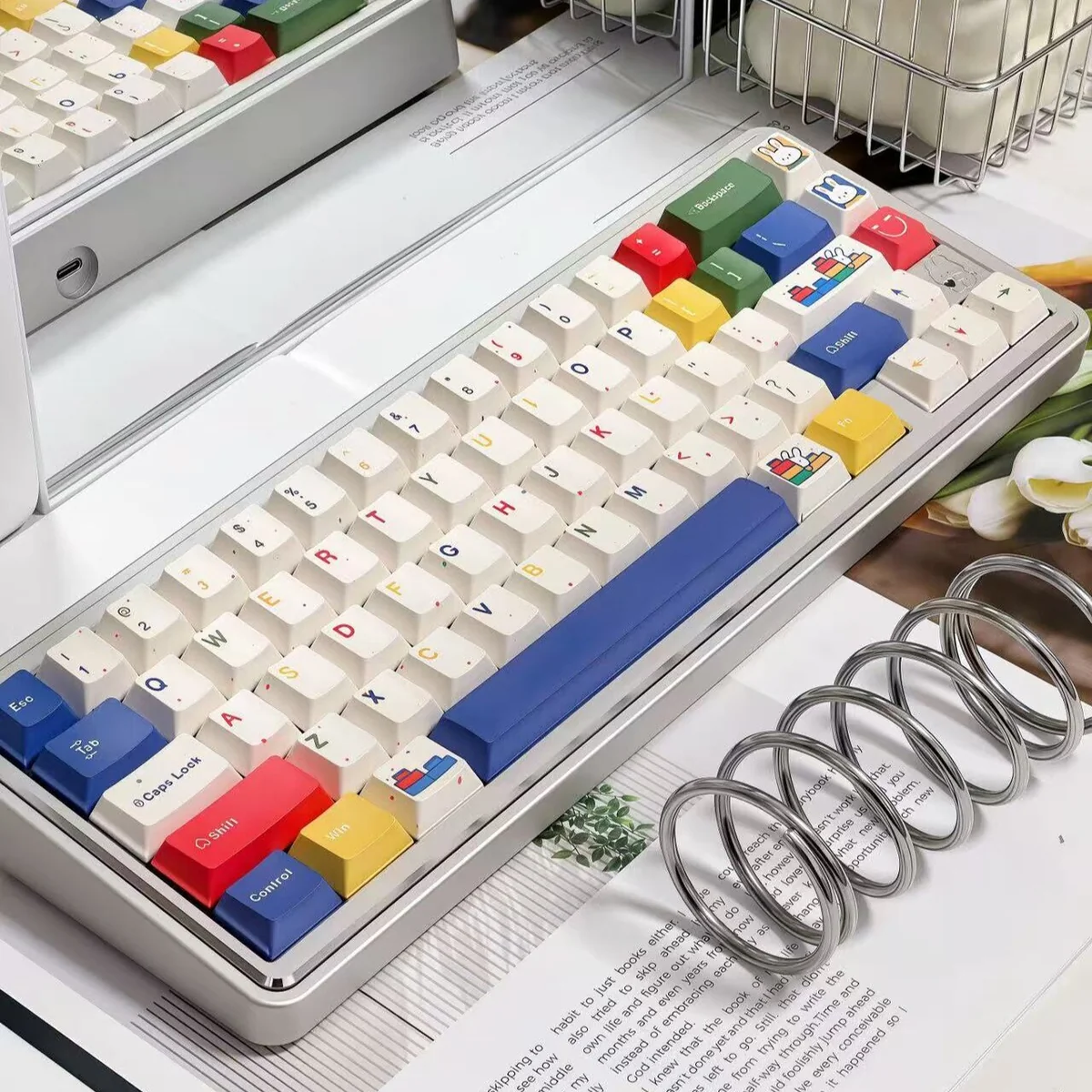 Whimsical Rabbit PBT Keycaps set, highlighting durable PBT dye-sublimation with charming, vibrant rabbit illustrations and playful accents.