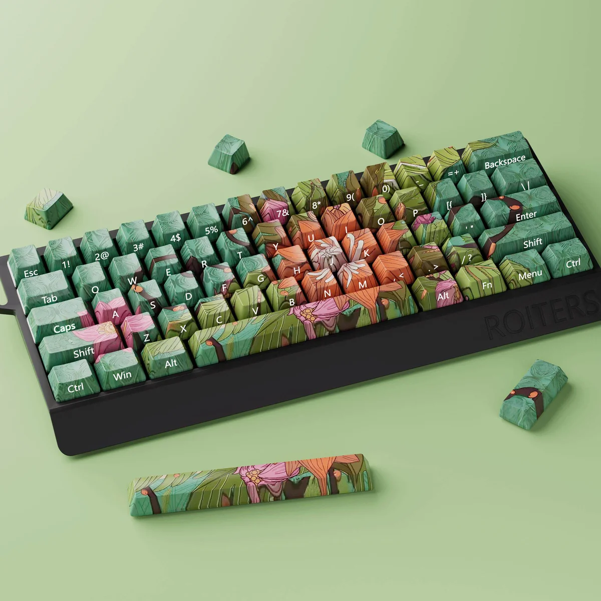 Elegant Wild Lotus Keycap Set in durable PBT, captured from multiple angles, highlighting its side-lit wild lotus motif and serene aesthetic.