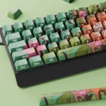 Wild Lotus Keycap Set showcasing durable PBT material and elegant side-lit design from multiple angles, highlighting the serene lotus motif.