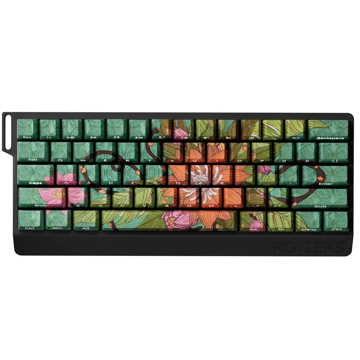 Artistic shots of the Wild Lotus PBT keycap set, highlighting its durable PBT construction and subtle side-lit glow from various perspectives.