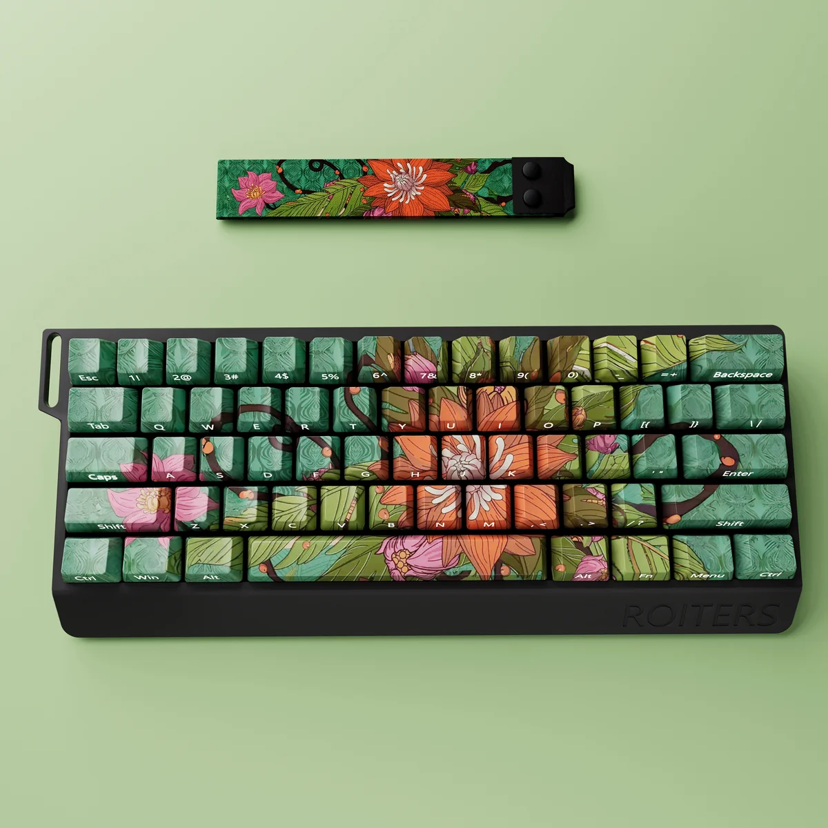 Wild Lotus Keycap Set, 63/64 layout variant, showcasing durable PBT and the elegant side-lit glow of wild lotus designs, ideal for a serene night aesthetics.