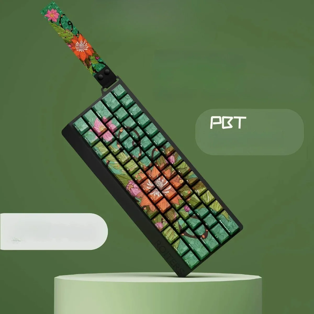 Close-up of the Wild Lotus Keycap Set, showcasing durable PBT construction and the elegant side-lit wild lotus motif, embodying natural serenity.