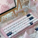 Multiple views of unique Wish Sticky Note PBT Dye-Sub Keycaps Set, featuring pastel notes, whimsical doodles, and inspiring messages for keyboard dreams.