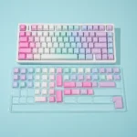 Close-up of vibrant Y2K PBT keycaps set showcasing their retro-futuristic legends and bold, playful early 2000s digital aesthetic for your keyboard.