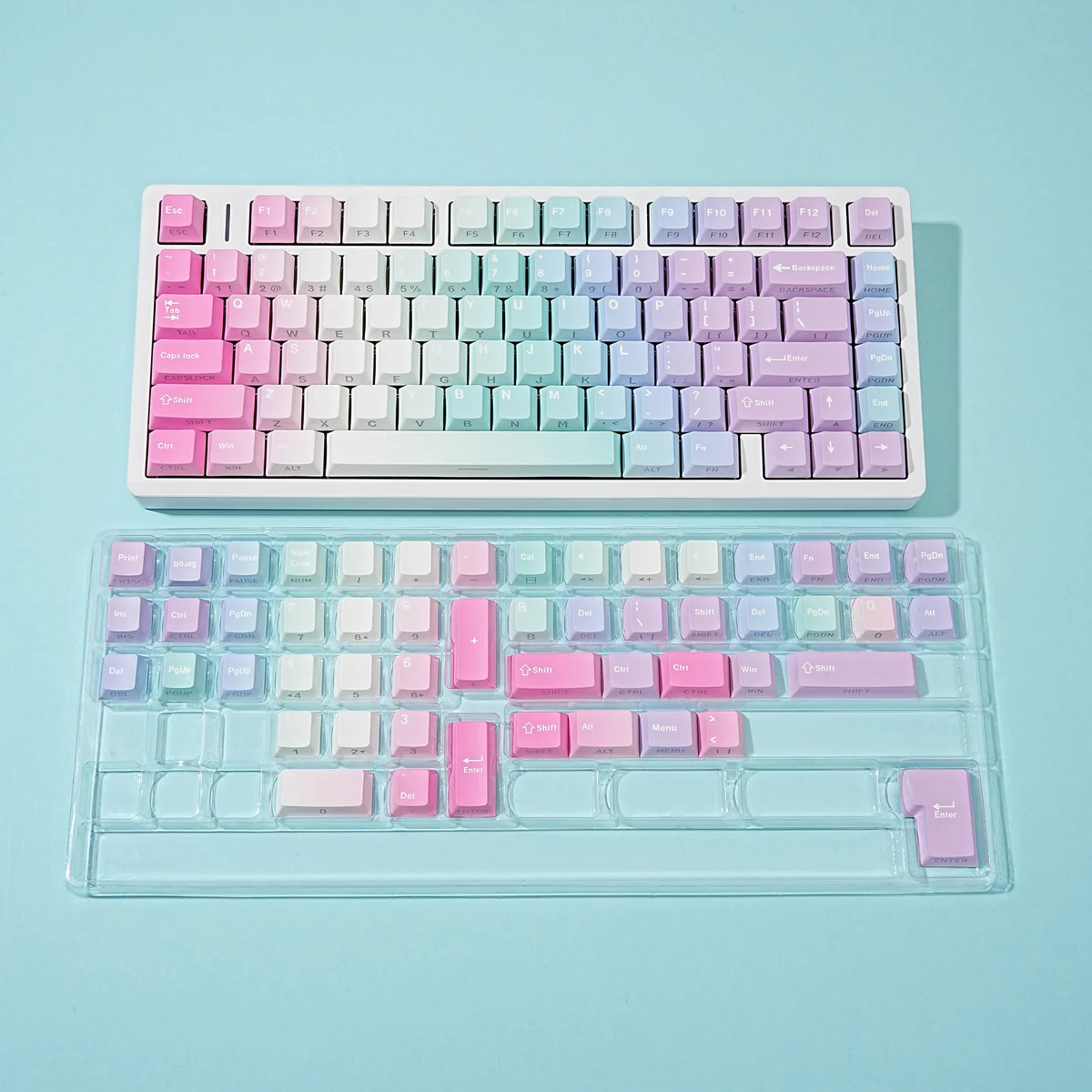 Close-up of vibrant Y2K PBT keycaps set showcasing their retro-futuristic legends and bold, playful early 2000s digital aesthetic for your keyboard.