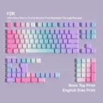 Vibrant Y2K PBT keycaps set from a dynamic angle, featuring bold retro-futuristic design. For a playful, early 2000s digital aesthetic keyboard.