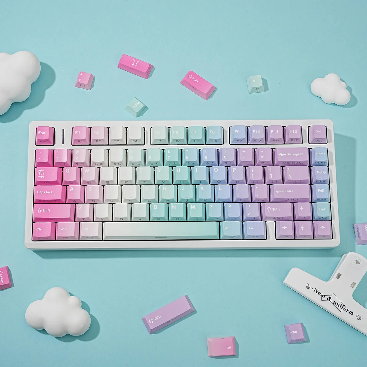 Vibrant Y2K PBT Keycaps set displayed, featuring a playful retro style and bold early 2000s digital aesthetic for your keyboard.