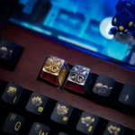 A detailed view of the Pure Brass Yu-Gi-Oh! Cross artisan keycap, showcasing its intricate design, gleaming metallic finish, and solid brass craftsmanship.