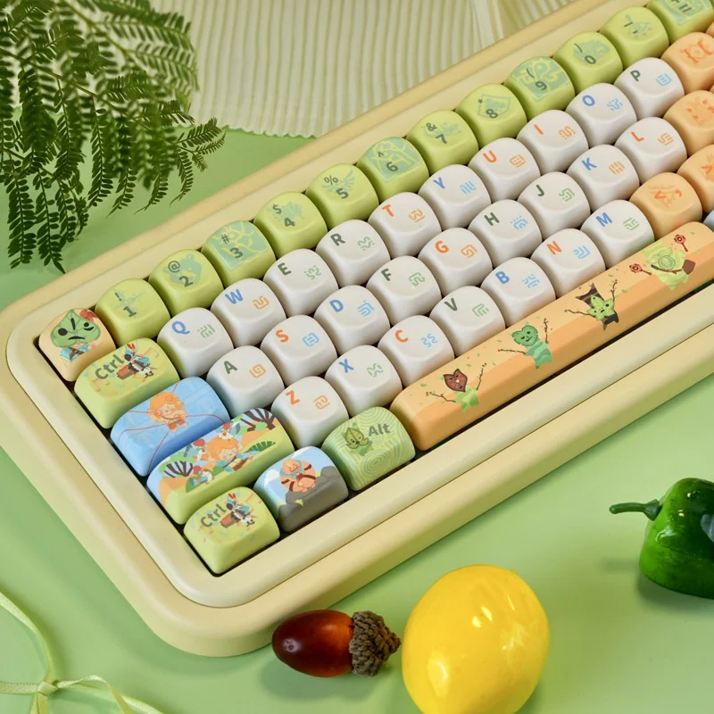 Adorable Zelda PBT dye-sub keycaps set displayed from a unique angle, featuring vibrant chibi Link and heroic characters, highlighting the playful design.