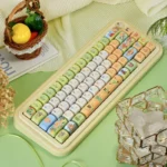 A playful angle of the adorable Zelda Keycaps PBT dye-sub set, highlighting the vibrant chibi art of Link and companions, perfect for adventurers.