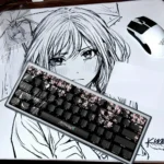 "Iconic Zero Two Sakura PBT dye-sub keycaps, artistically shown from various angles, highlighting vibrant anime designs and delicate cherry blossom mo
