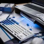 Amamiya Airline Blue White Aviation PBT Keycap Set displayed from various angles, showcasing the serene sky theme, crisp legends, and durable PBT material.