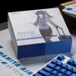 An artistic close-up of the Amamiya Airline blue and white PBT aviation keycap set, revealing intricate details and the serene flight skyline theme.