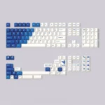 Amamiya Airline blue and white PBT aviation keycap set displayed from a unique angle, showcasing its serene sky theme and artistic details.