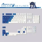 Detailed shot of the Amamiya Airline blue and white aviation PBT keycap set, revealing the serene, artistic legends of this immersive flight-themed.