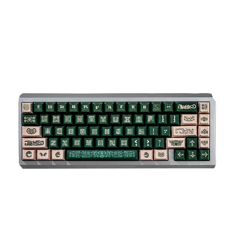 Timeless Ancient Bronze Keycaps Set, OEM side-printed set, showcasing intricate weathered patterns from various angles, evoking historical grandeur.