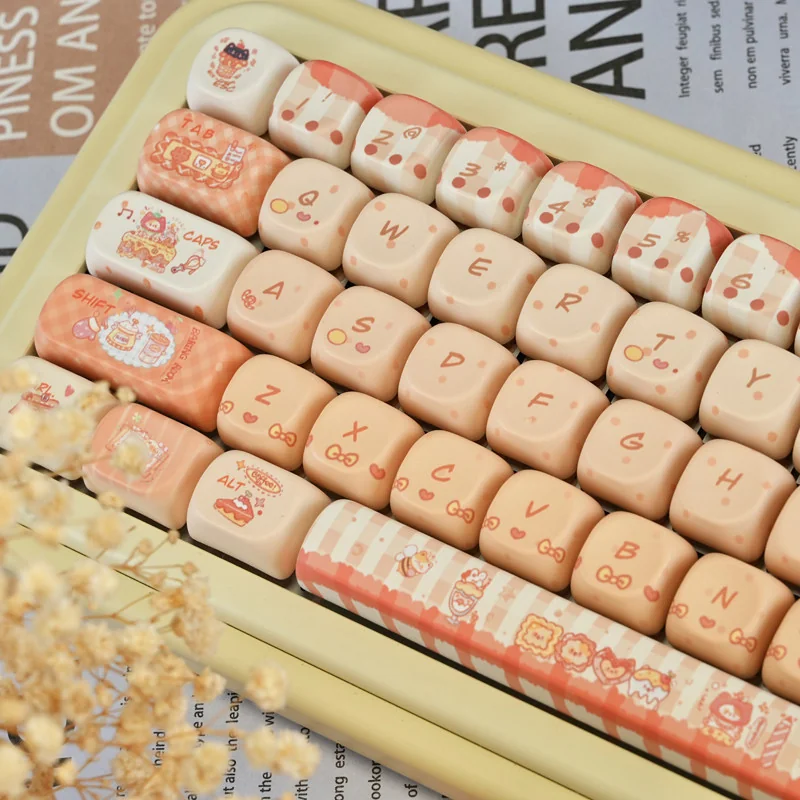 Close-up of a whimsical baking cat artisan keycap set in soft pastel colors, highlighting its charming detail and PBT MOA profile from a new angle.