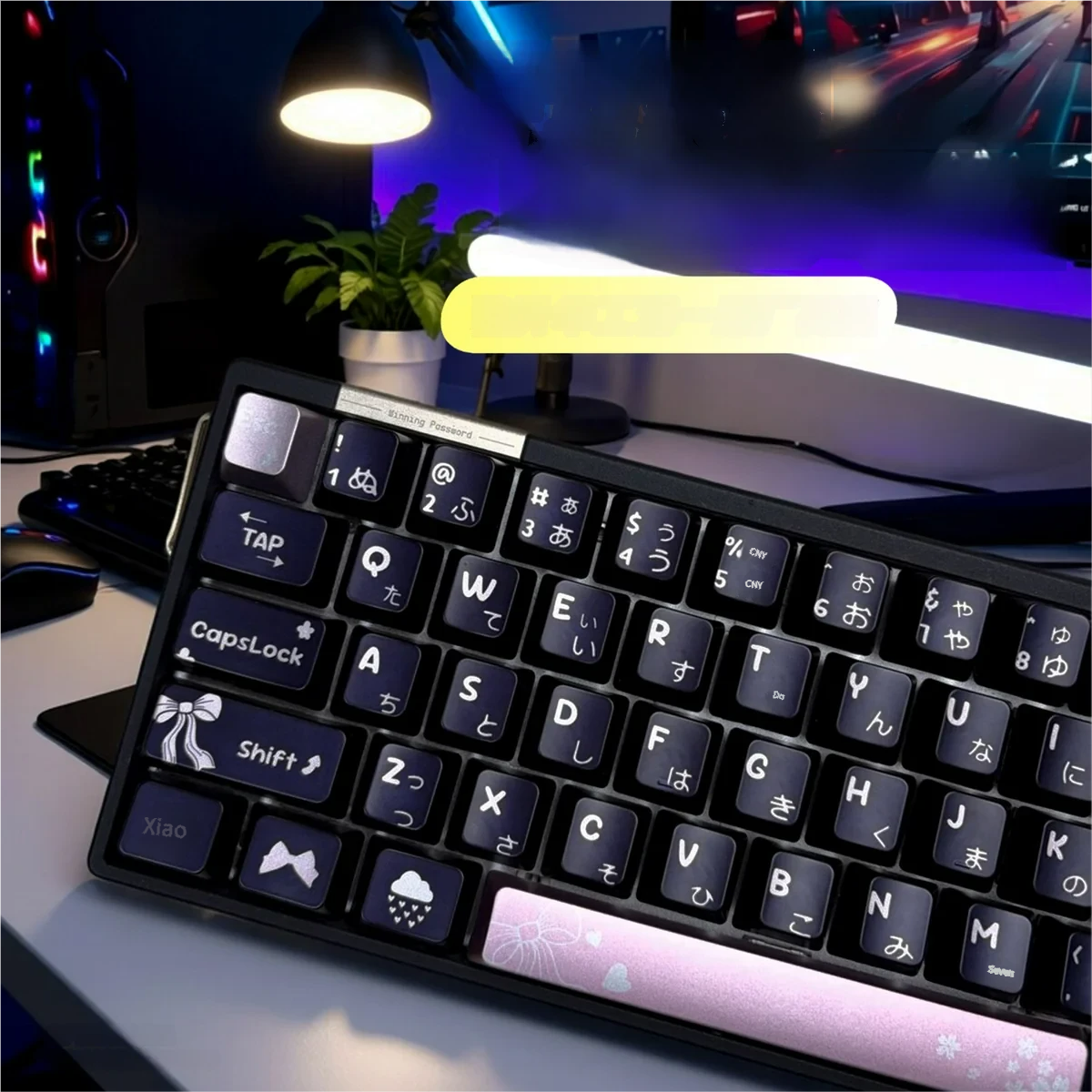 Close-up views of the Spring Bright Sunshine Black Metallic Paint Keycap Set, showcasing its elegant metallic finish and intricate nature-inspired spring artistic design.