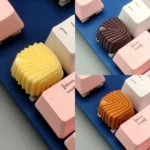 Handcrafted artisan resin keycap showcasing rich chocolate and creamy caramel swirls with unique shell patterns, a truly delectable gourmet accessory.