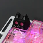 Artisan whimsical translucent cat ESC keycap glowing with magical hues from various angles, showcasing its handcrafted design for RGB Keyboard.