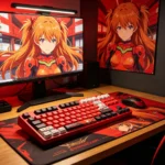 Dynamic product gallery showcasing the Asuka EVA faceted PBT side-engraved backlit keycaps set from diverse angles, emphasizing their sharp aesthetic design.
