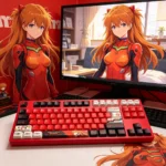 Asuka EVA faceted PBT side-engraved backlit keycaps set displayed from multiple artistic angles, emphasizing their sharp design and vibrant glow.