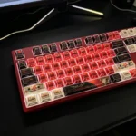Asuka EVA faceted PBT side-engraved backlit keycaps set. Gallery presents sharp, dynamic design and luminous legends from various artistic angles.