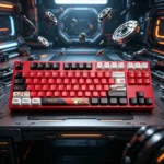 Sharp, faceted Asuka EVA keycaps set crafted from durable PBT, featuring vibrant side-engraved legends and dynamic backlighting.