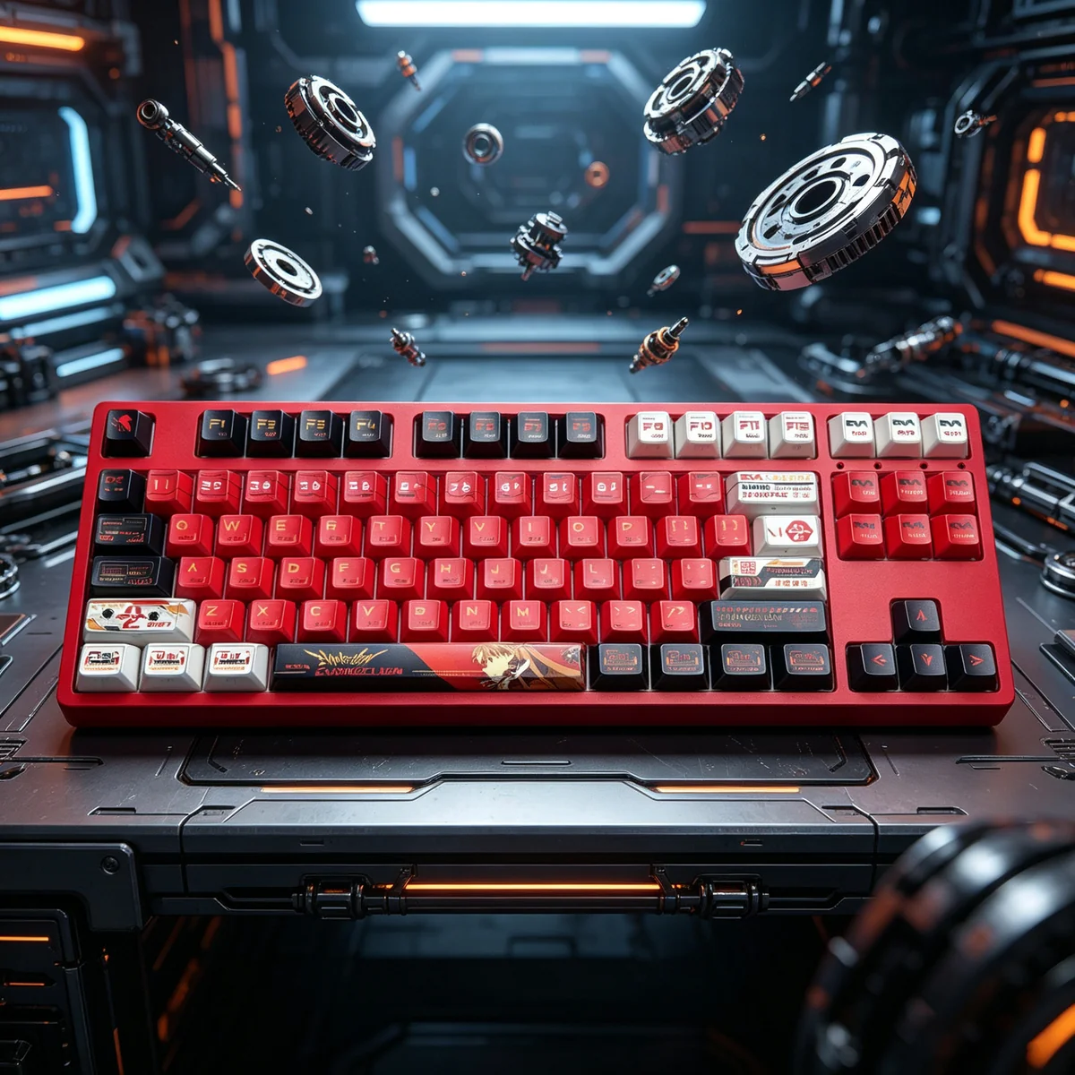 Sharp, faceted Asuka EVA keycaps set crafted from durable PBT, featuring vibrant side-engraved legends and dynamic backlighting.