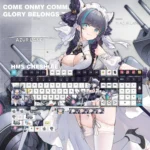 Vibrant Azur Lane Cheshire PBT keycap set, showcasing durable PBT material with playful anime character art from multiple angles, an exclusive gaming setup.