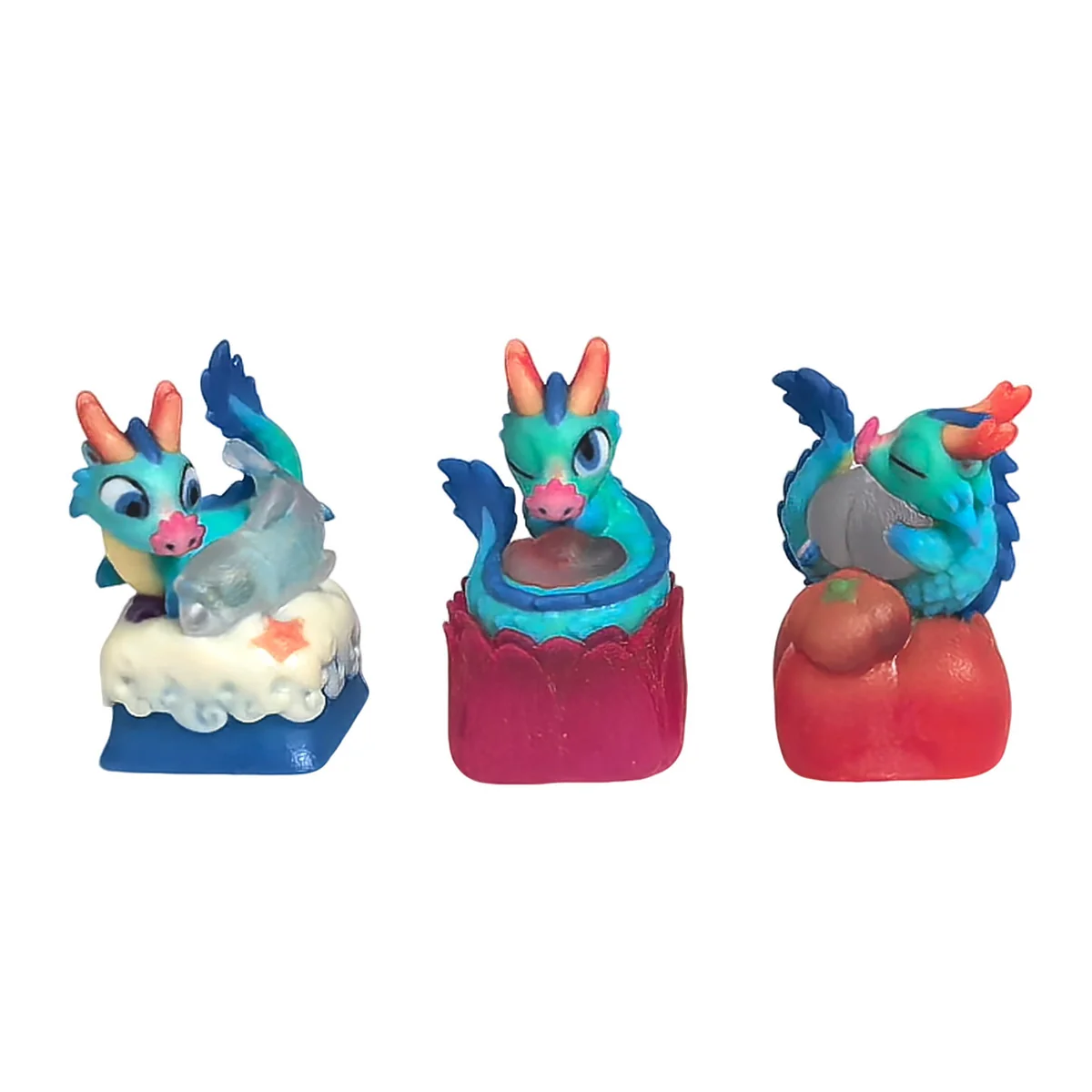 Artistic side view of a handcrafted 3D translucent resin Azure Dragon artisan keycap, highlighting its intricate scales and luminous glow.