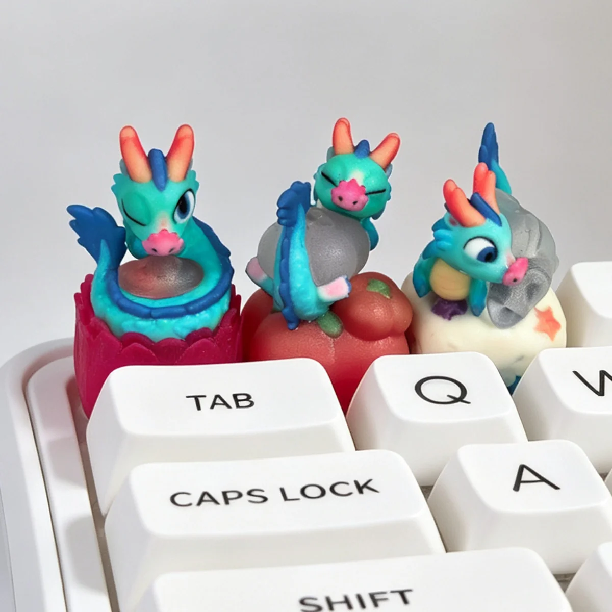 Close-up of a handcrafted 3D translucent resin Azure Dragon artisan keycap, highlighting its intricate scales and glowing mystical aesthetic from a unique design.