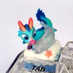 Handcrafted sapphire translucent resin Azure Dragon artisan keycap, featuring an intricate 3D sculpted dragon glowing with mystical fantasy art.