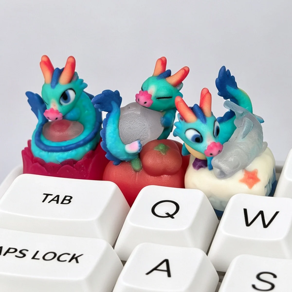 A stunning handcrafted 3D translucent resin Azure Dragon artisan keycap, glowing with mystical light, showcasing intricate details for mechanical keyboards.