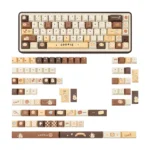 Whimsical Bear Bakery PBT Keycap Set, 145 keys in a charming box, displaying adorable bears and pastries in warm pastel hues.