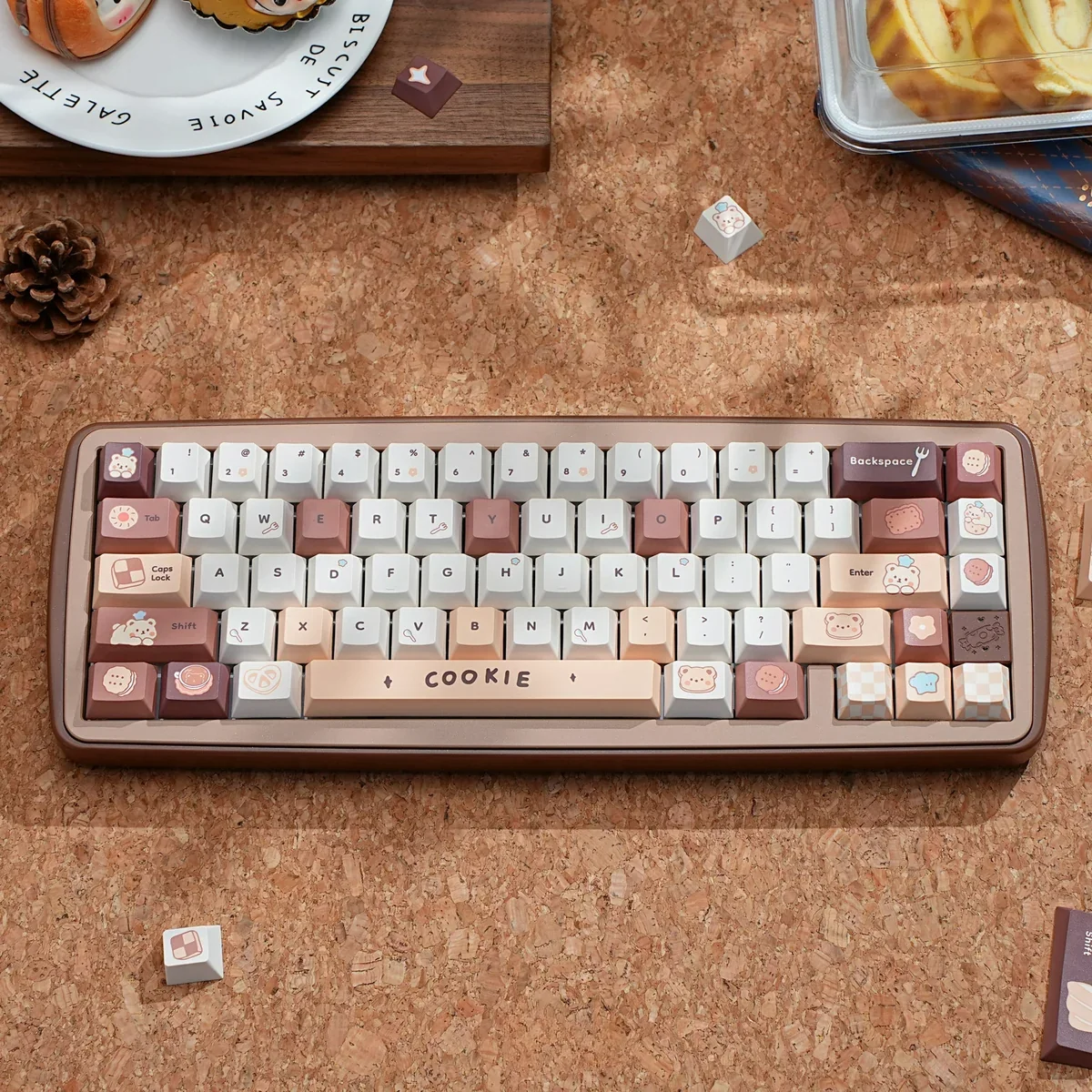 Whimsical Bear Bakery PBT Dye-sub Keycap Set featuring adorable bears, yummy pastries, and warm pastel colors, perfect for a cozy keyboard setup.