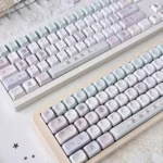 Bear Keycap Set: Adorable bear characters and cozy home elements shown on diverse keycap profiles. Playful custom designs from multiple angles.