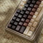 Berry Cocoa PBT dye-sub keycaps set, featuring warm berry and rich cocoa tones. A durable, cozy set designed for sophisticated keyboards, seen from various angles.