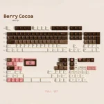 Berry Cocoa PBT dye-sub keycaps set in a gallery, displaying warm berry-cocoa tones. They offer a cozy, sophisticated, dessert look for keyboards.
