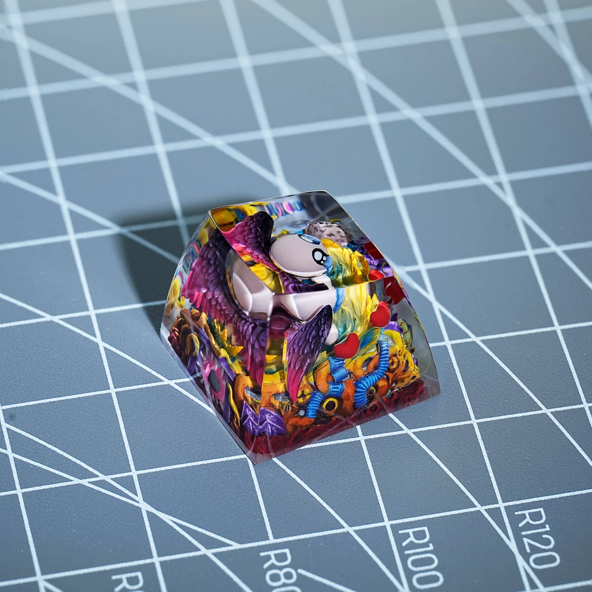 Exclusive The Binding of Isaac SA R1 keycap showcasing detailed Isaac character art from multiple angles. Vibrant colors highlight the iconic design.