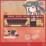 A vibrant, exclusive Blue Archive Aikiyo Fuuka PBT keycap set displayed from multiple artistic angles, showcasing its detailed anime art design.