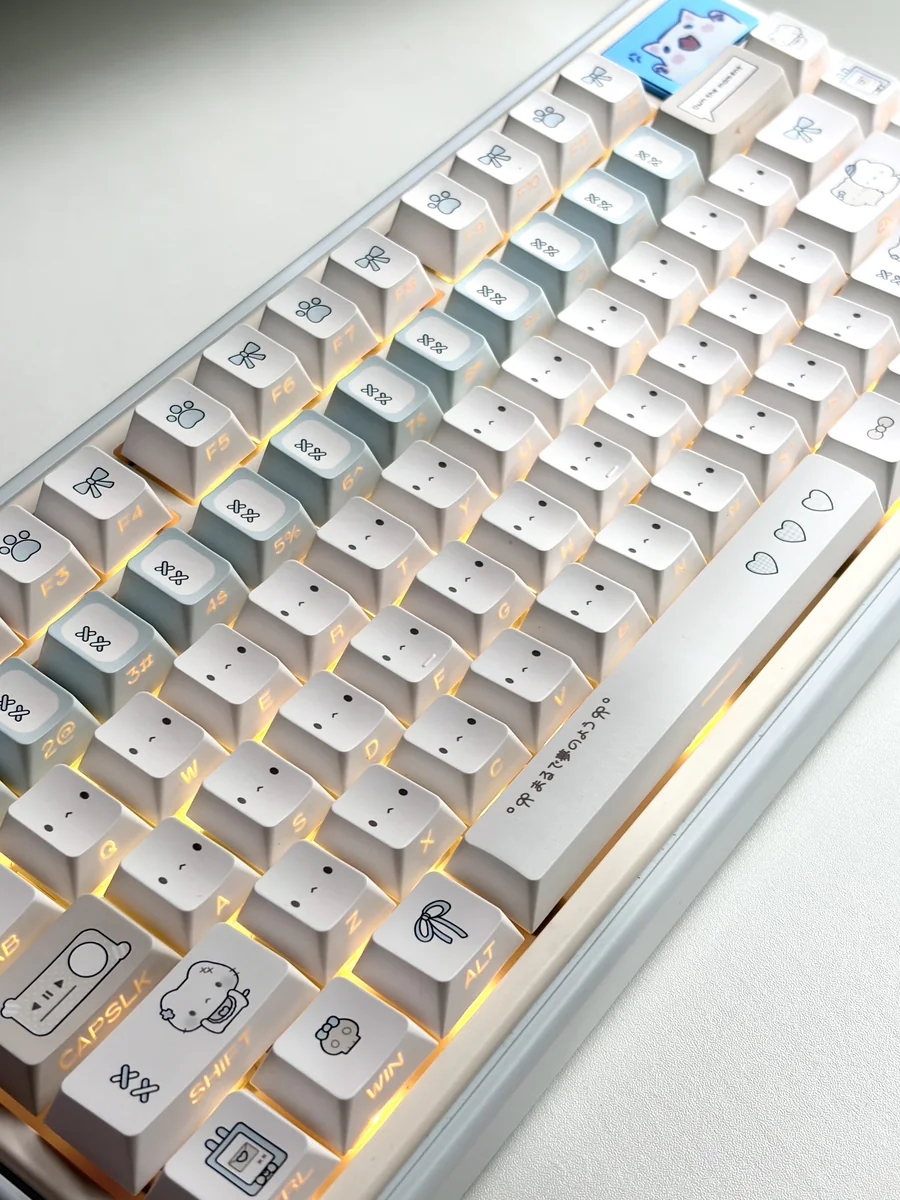 Multiple Blue Dazed Cat Series Keycap Set from various angles, showcasing playful pastel designs and versatile profiles for whimsical keyboard customization.