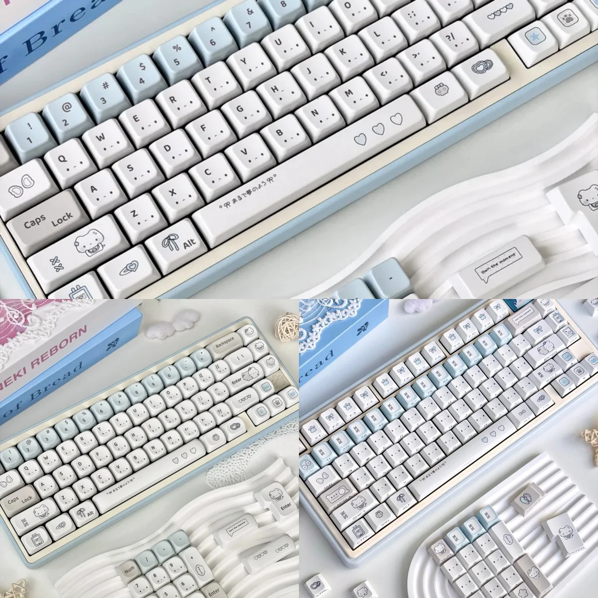 Playful Blue Dazed Cat Series Keycap Set in soft pastel colors, featuring whimsical, adorable cat illustrations. This main image highlights their versatile profiles.