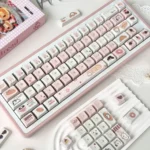 Explore multiple angles of our unique Whimsical Bread Bear Cherry profile keycaps set, showcasing cozy, illustrative bear and bread designs with warm tones.