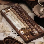 Coffee keycap set for mechanical keyboards, showing playful PBT designs, charming cat accents, and transparent novelties from a unique angle.