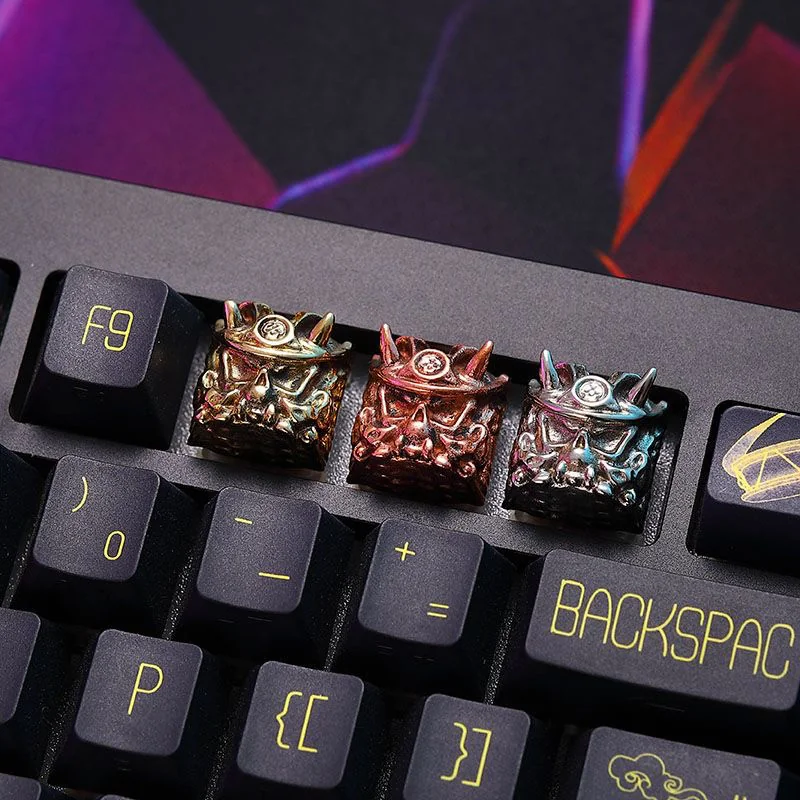 Close-up of a handcrafted Oni keycap from multiple angles, showcasing its intricate Japanese warrior design and premium aged finish.