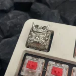Handcrafted Oni Warrior artisan keycap, detailed from various angles, revealing its intricate Japanese warrior design and fierce premium finishes.