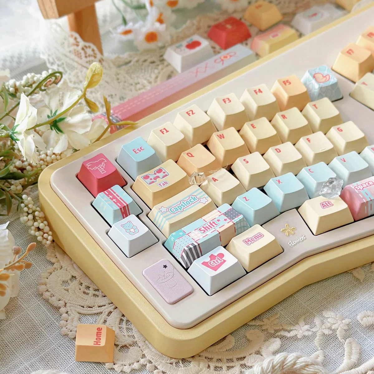 Vibrant PBT dye-sub Bubbly Ramune keycaps set, showcasing refreshing keys with playful bubbly accents from various angles.