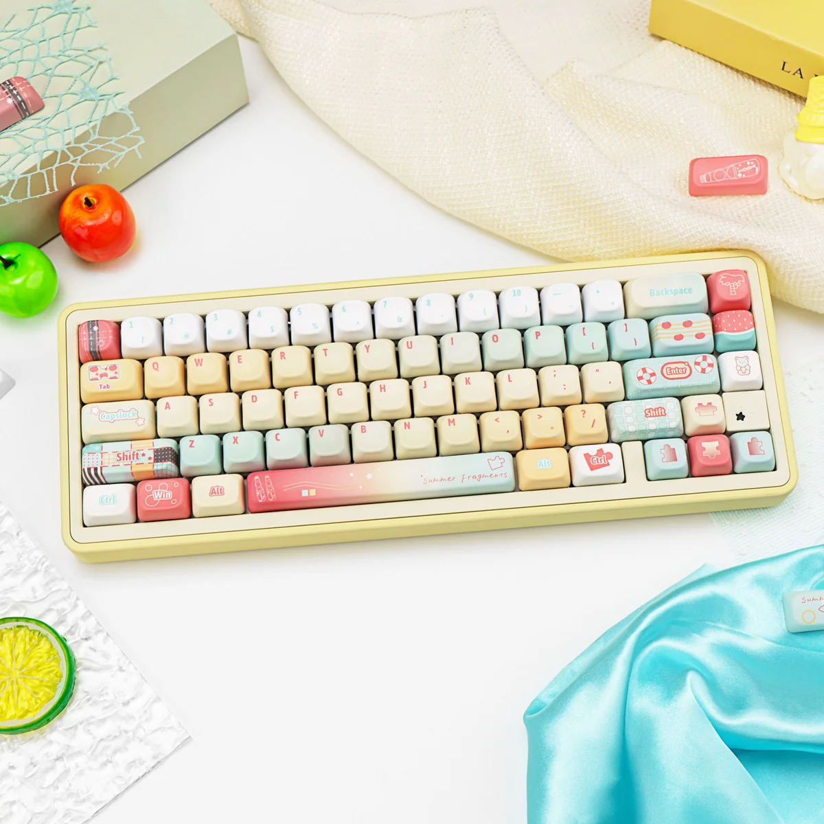 Vibrant PBT Dye-Sub Ramune Keycaps set, showcasing playful bubbly designs for a refreshing keyboard aesthetic.