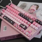 An artistic close-up of the Sweet Cool Bunny Keycap Set, showcasing its unique black and pink edgy-cute design from a side angle, perfect for mechanical keyboard.